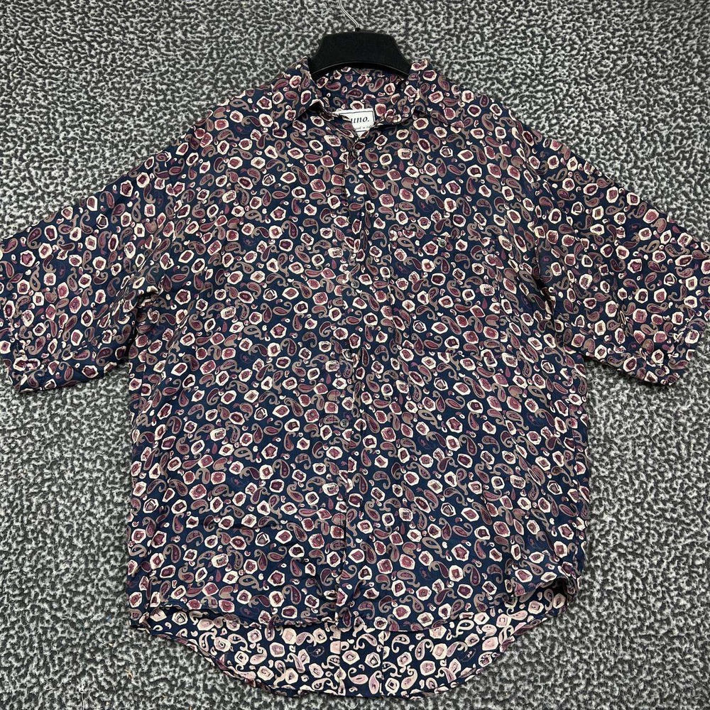Vintage Bruno Button Up Shirt Women 6 Blue Silk Short Sleeve Abstract Paisley
